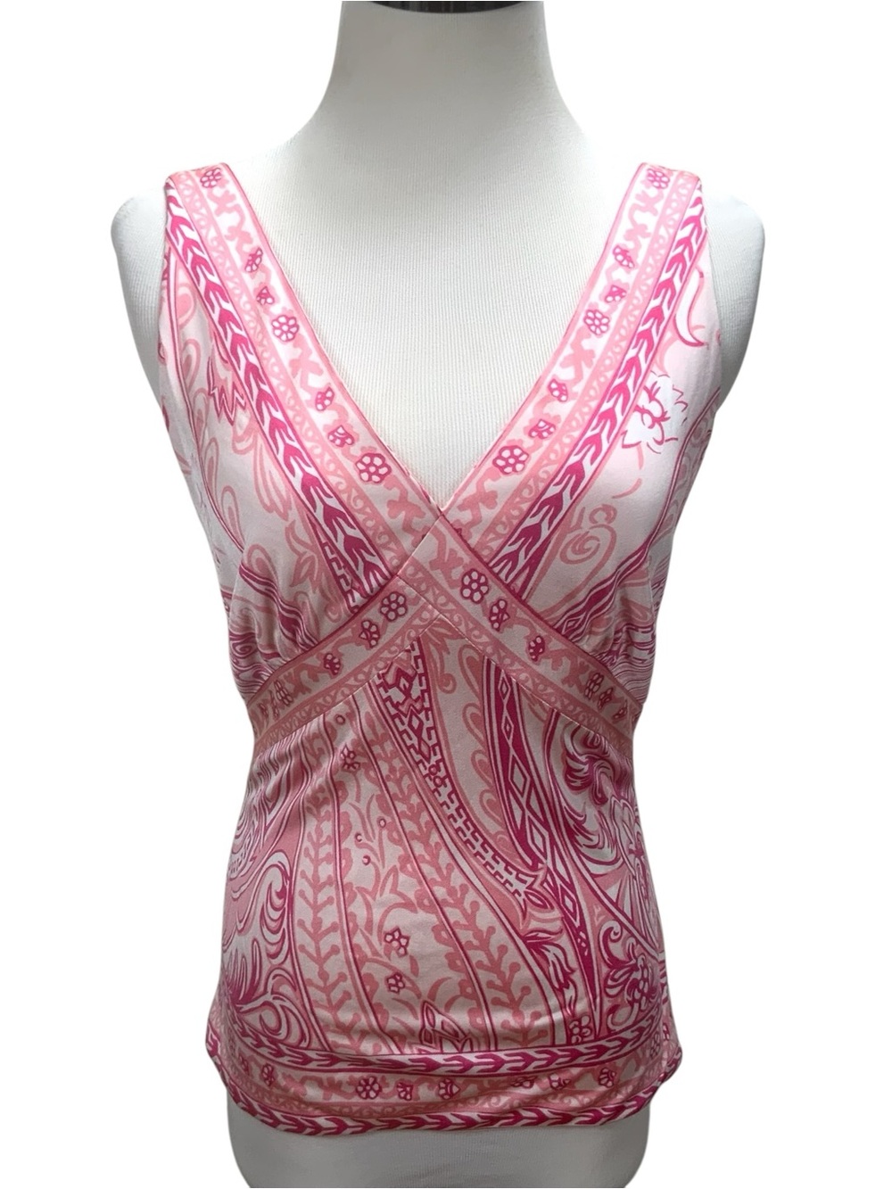 Elie Tahari Silk Pink Print Stretch Sleeveless Knit Top Tank Long Size S